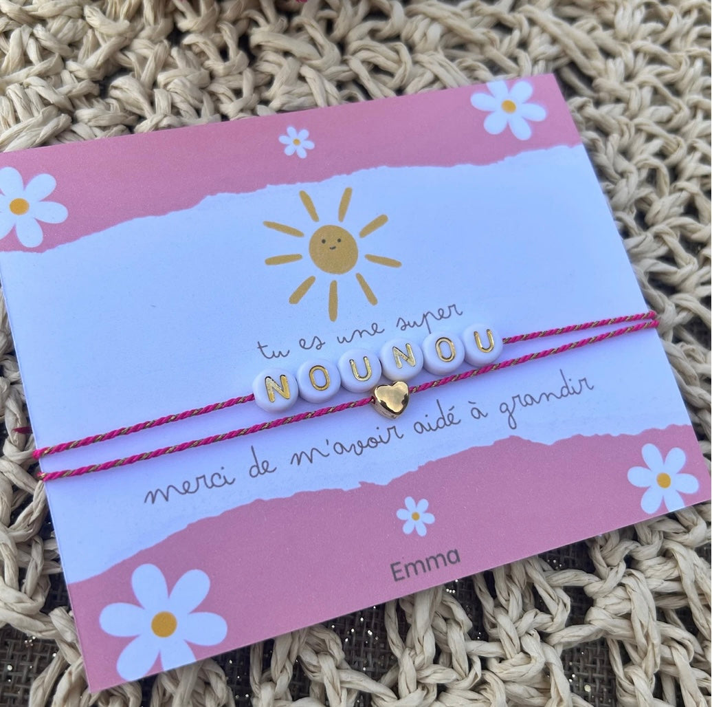 Carte « Merci » nounou, maîtresse, atsem… / bracelet en supplément
