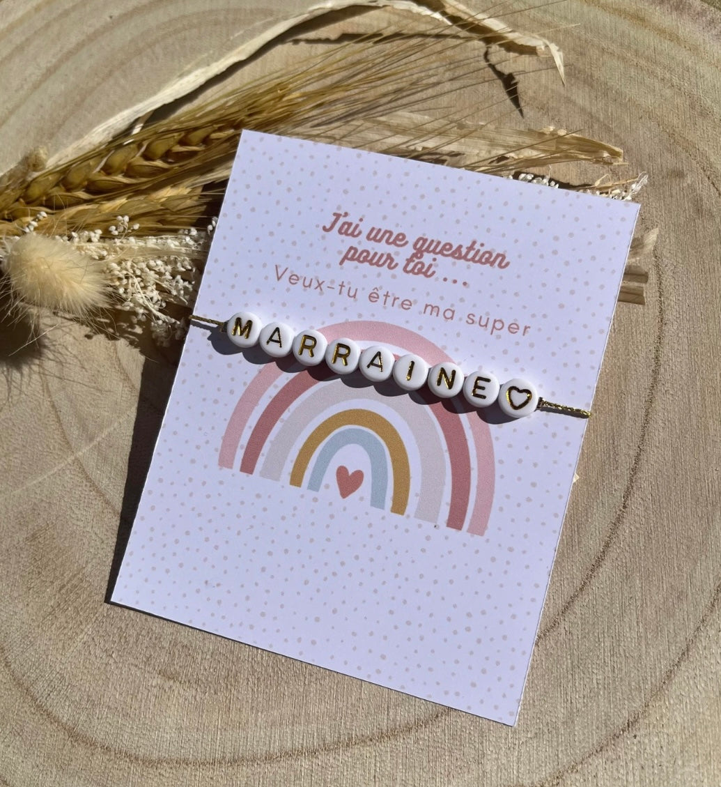 Carte demande Marraine arc en ciel rose (bracelet non inclus)
