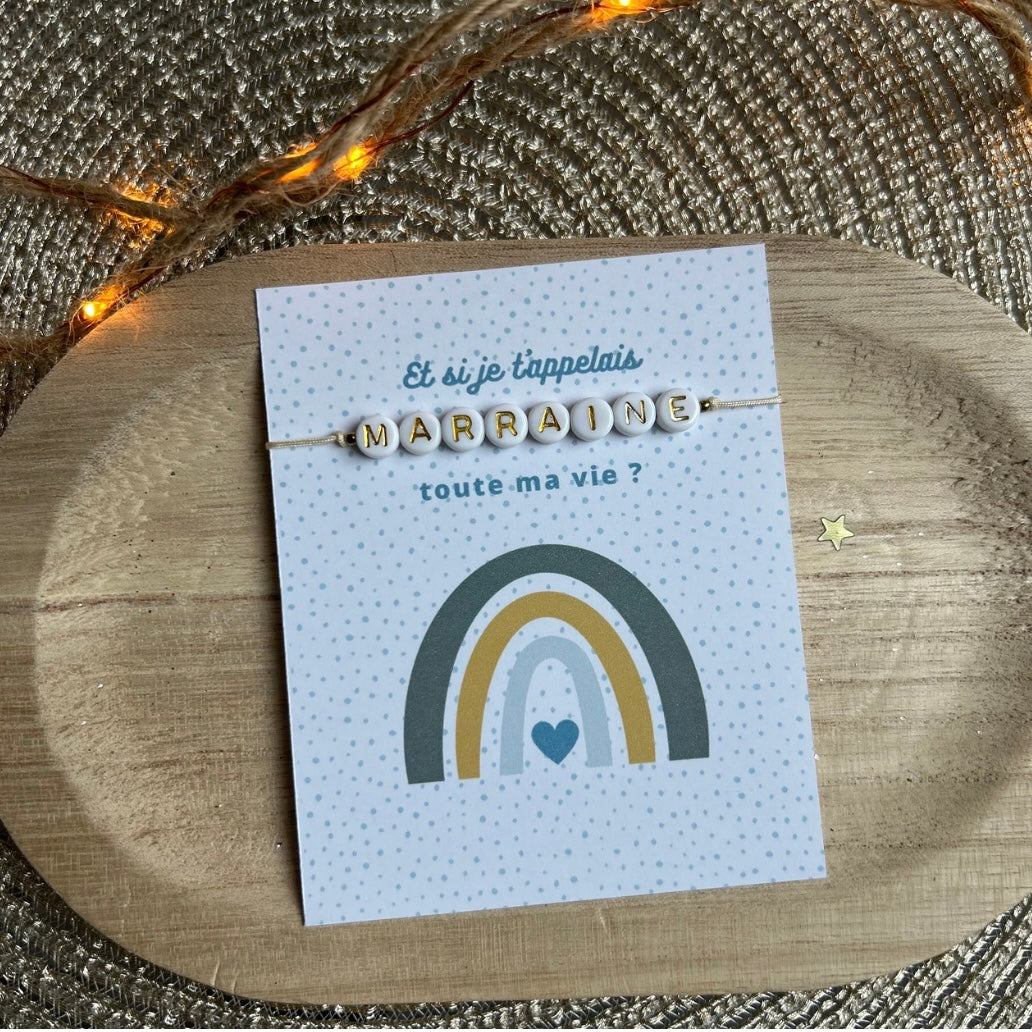 Carte demande marraine arc en ciel bleu (bracelet non inclus)