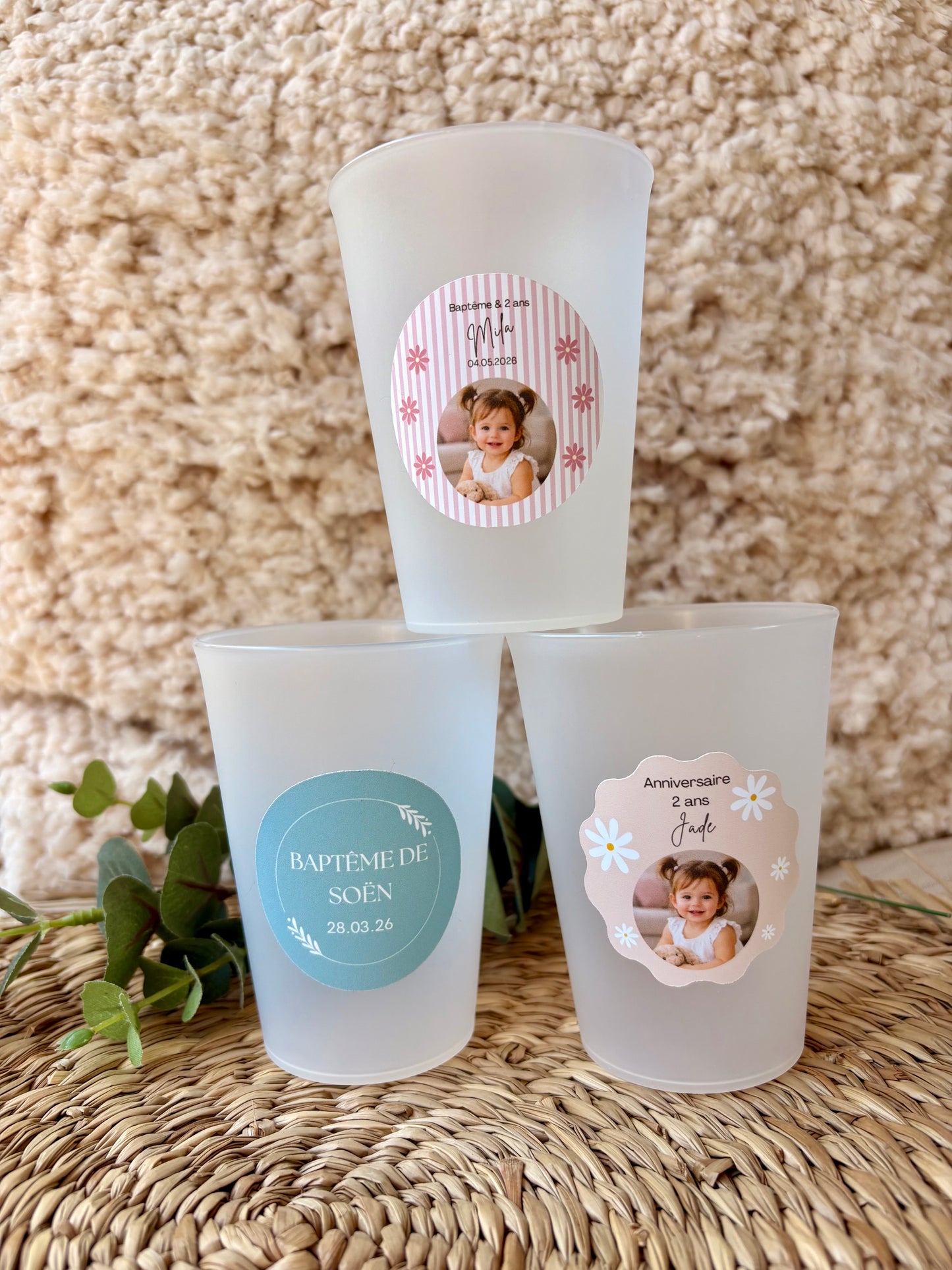 Stickers/étiquettes autocollantes personnalisables et imperméables / résistantes à l’eau pour Ecocup baptême, mariage, anniversaire, EVJF