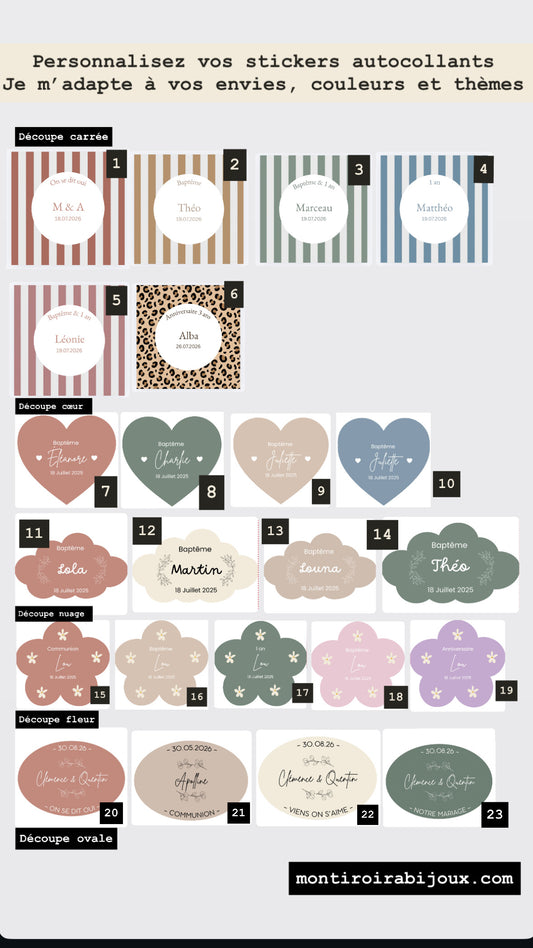 Etiquettes / Stickers autocollants personnalisés forme coeur, fleur, ovale, nuage, carrée pour vos mariages, anniversaires, EVJF, baptêmes...