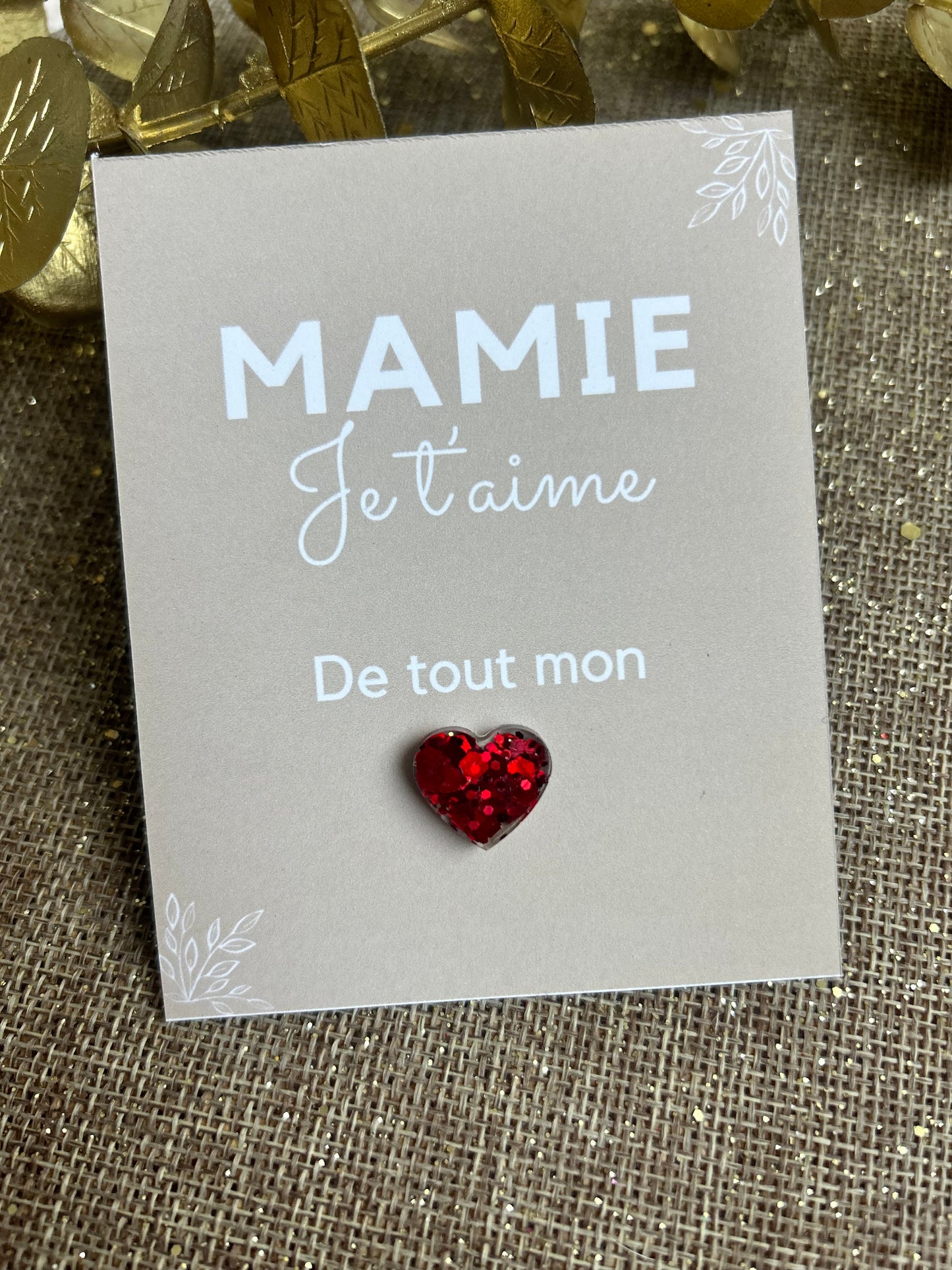 Carte personnalisable et Pins cœur en résine à paillettes