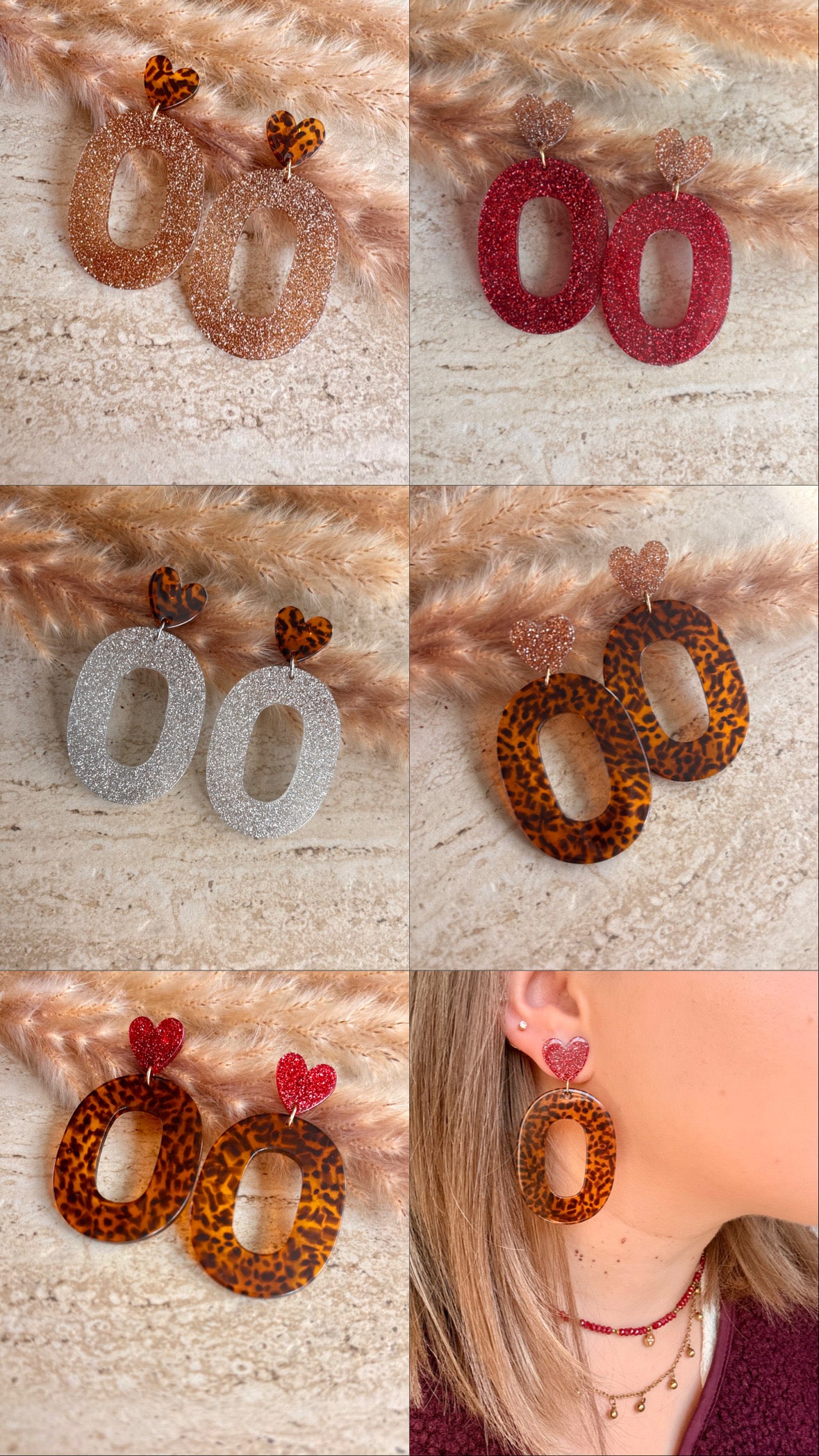Boucles d’oreilles SOPHIA cœur et ovale à paillettes acier inoxydable
