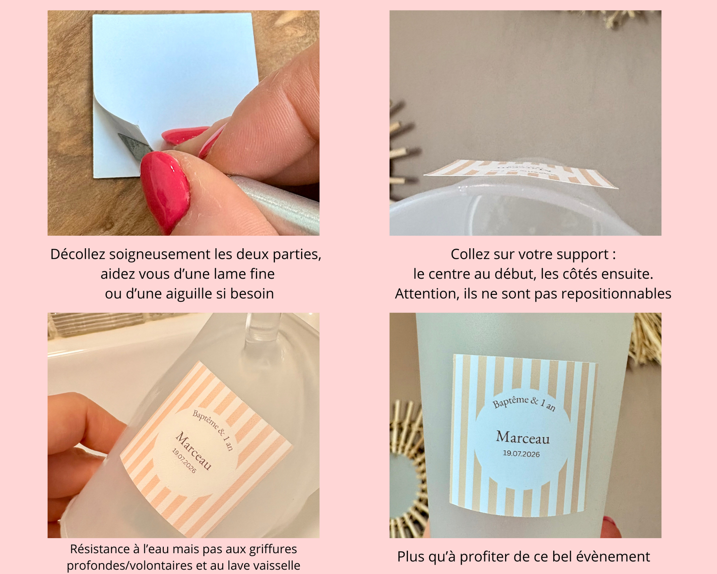 Stickers/étiquettes autocollantes personnalisables et imperméables / résistantes à l’eau pour Ecocup baptême, mariage, anniversaire, EVJF