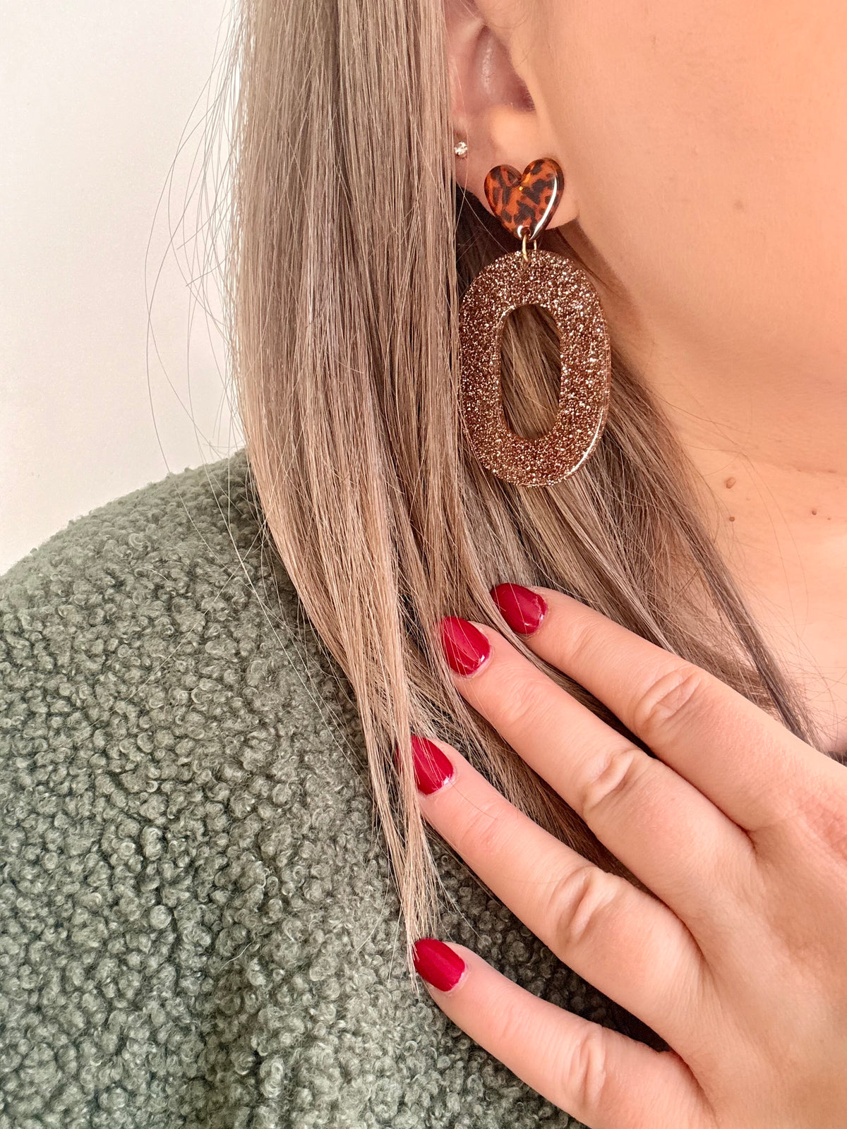 Boucles d’oreilles SOPHIA cœur et ovale à paillettes acier inoxydable