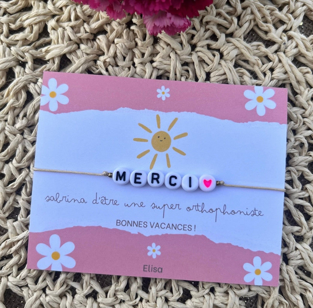 Carte « Merci » nounou, maîtresse, atsem… / bracelet en supplément