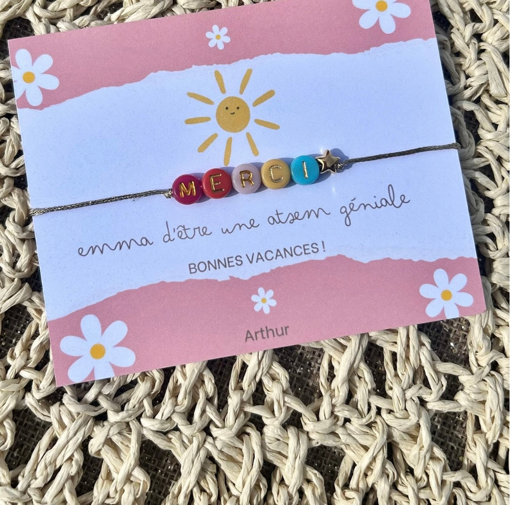 Carte « Merci » nounou, maîtresse, atsem… / bracelet en supplément