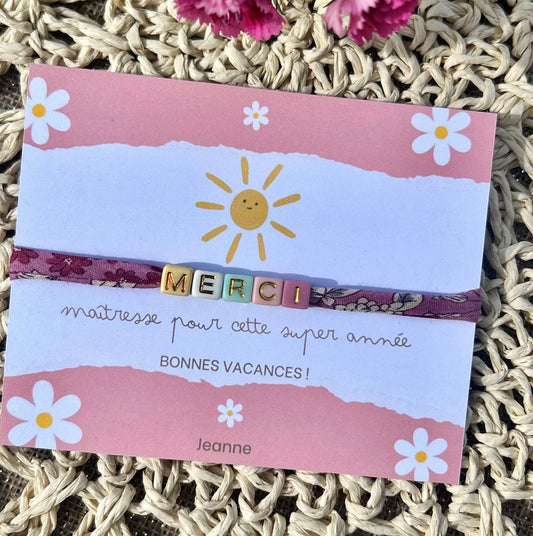 Carte « Merci » nounou, maîtresse, atsem… / bracelet en supplément