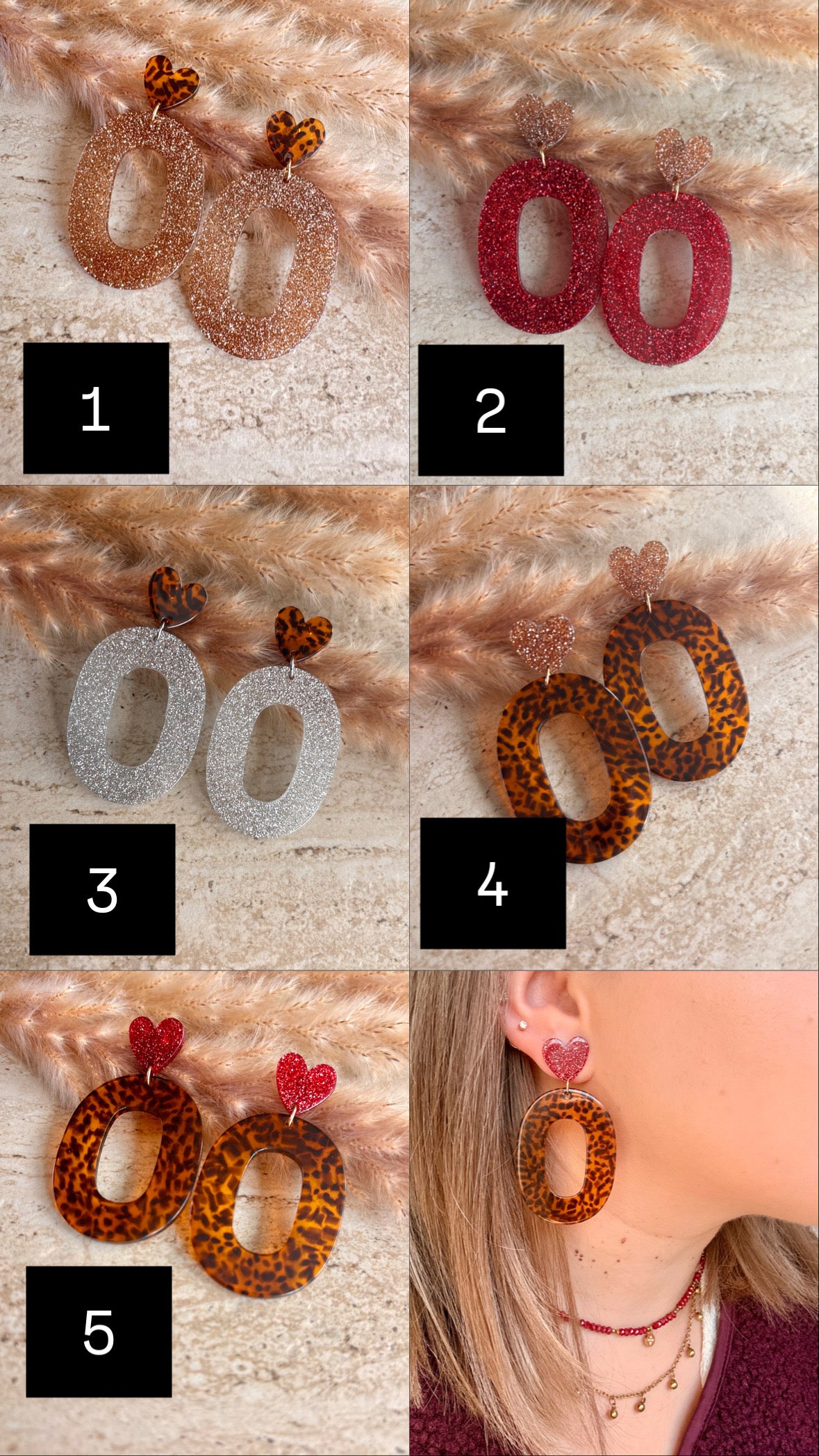 Boucles d’oreilles SOPHIA cœur et ovale à paillettes acier inoxydable