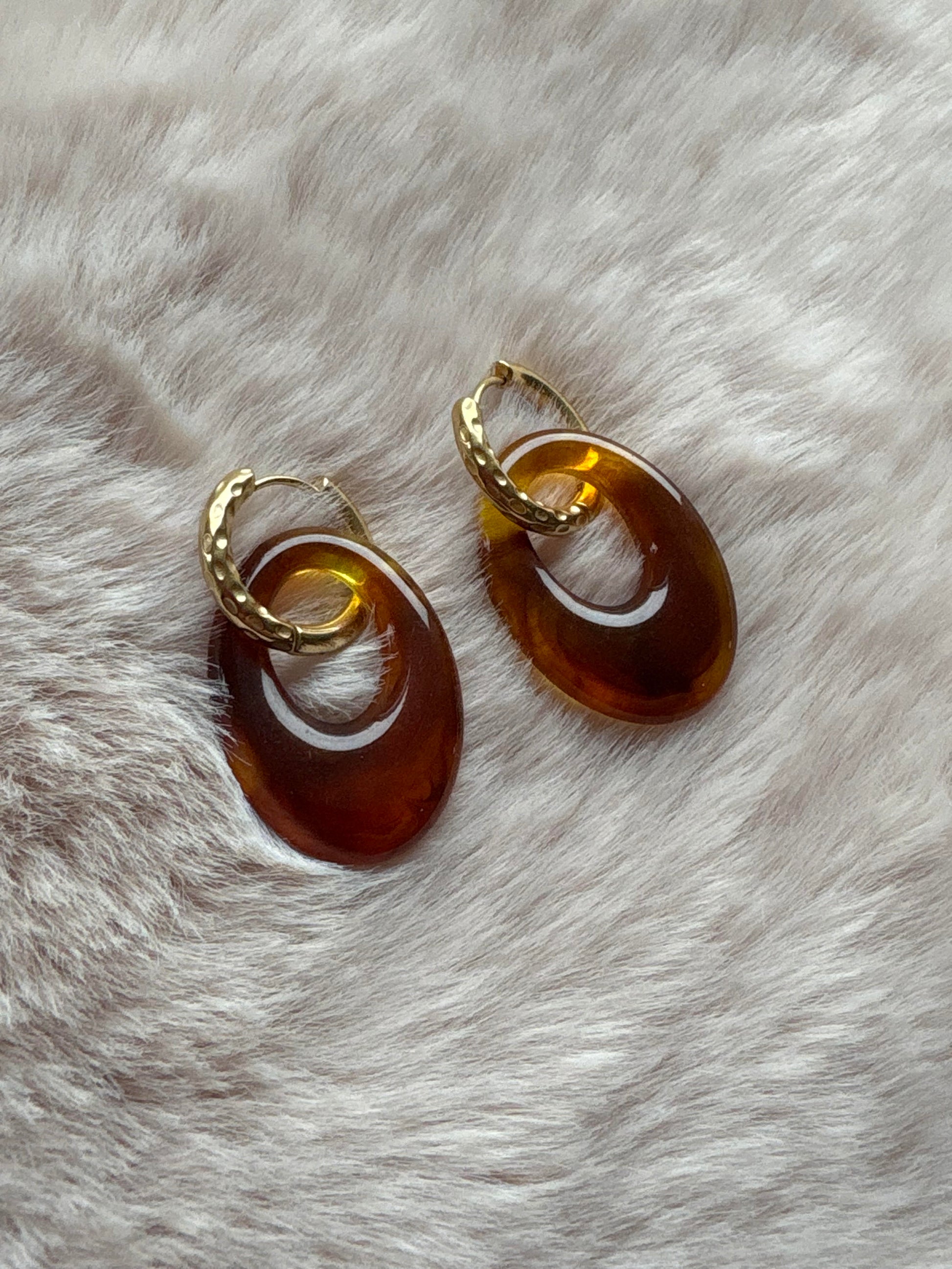 boucles d'oreilles ovales marron -créoles en acier inoxydable - bijoux femme fait main