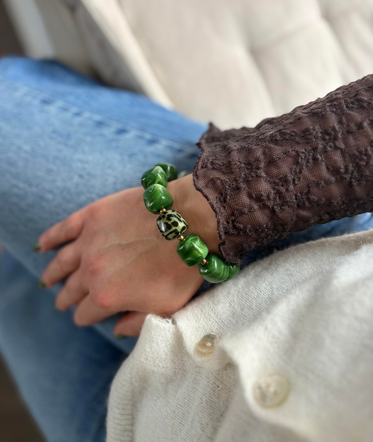 Bracelet grosses perles vertes et léopard - bijoux fait main femme