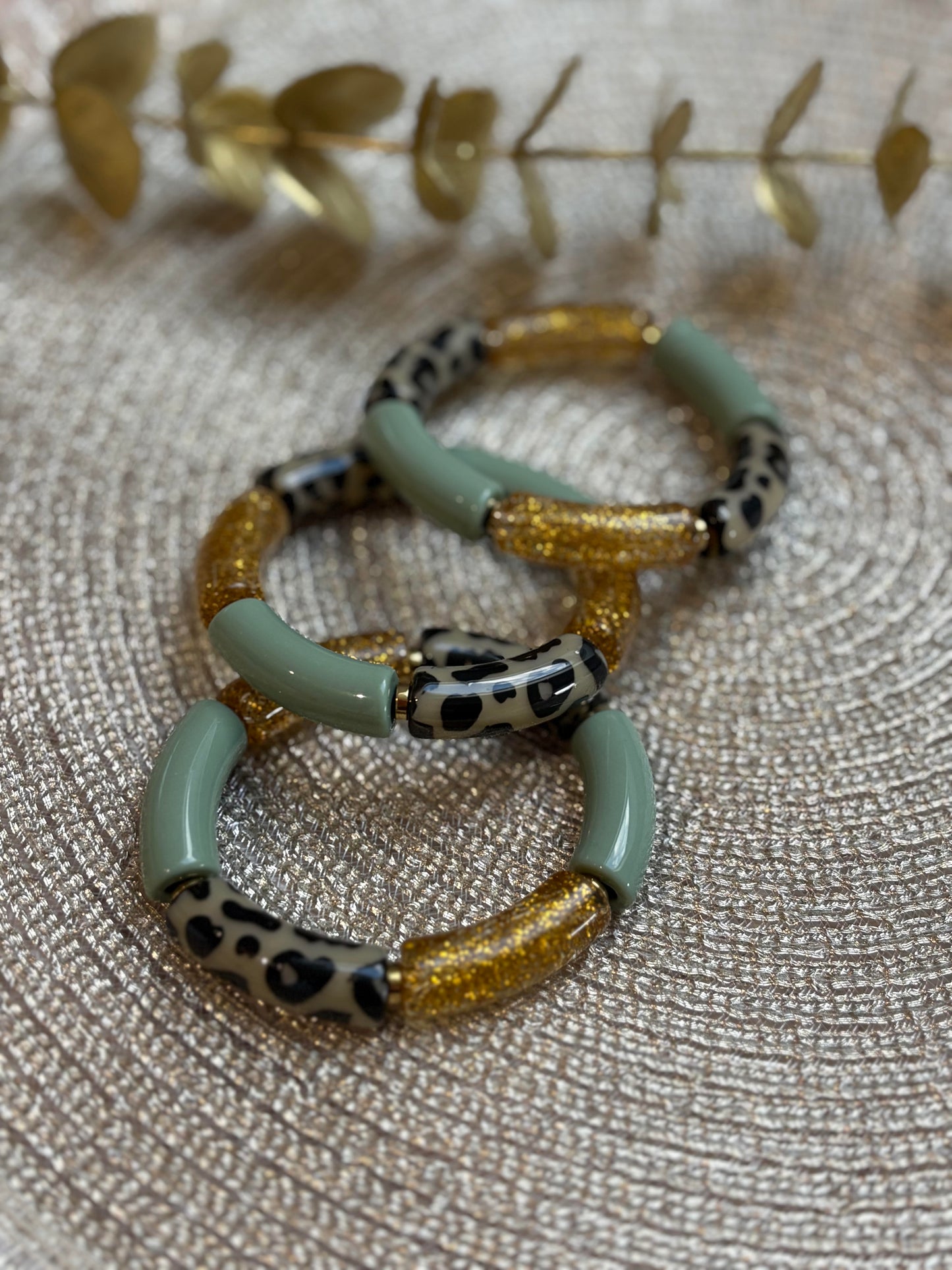 bracelet tube vert olive léopard et doré - bijoux femme fait main