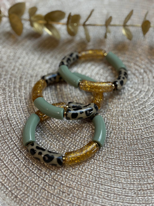 bracelet tube vert olive léopard et doré - bijoux femme fait main