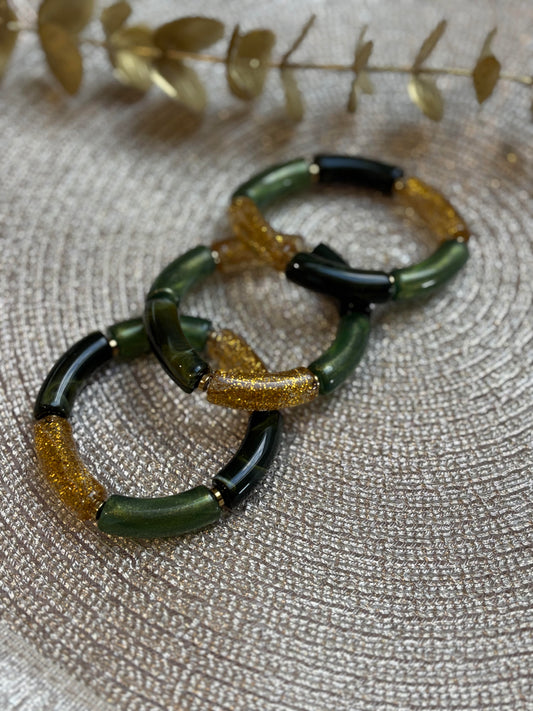 bracelet tube elastique vert à paillettes et doré - bijoux femme fait main
