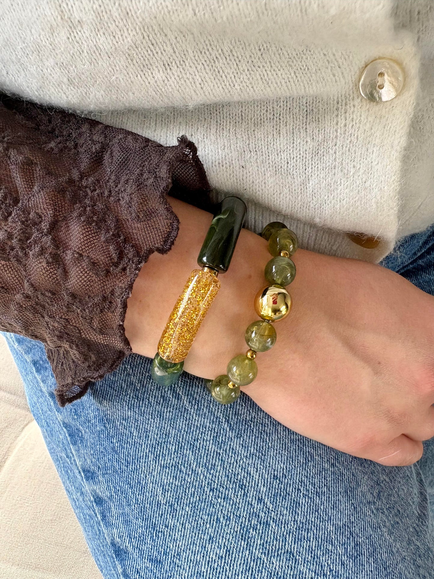 bracelet en perles vert olive et doré - bijoux fait main femme