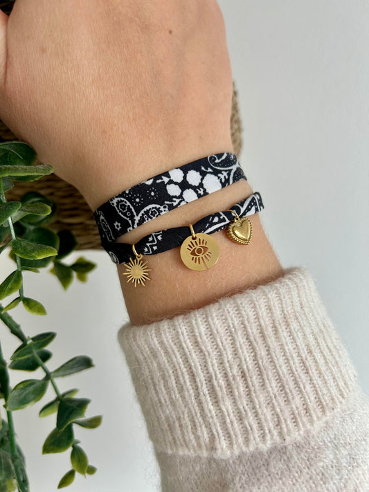 Bracelet bandana noir et breloques en acier inoxydable